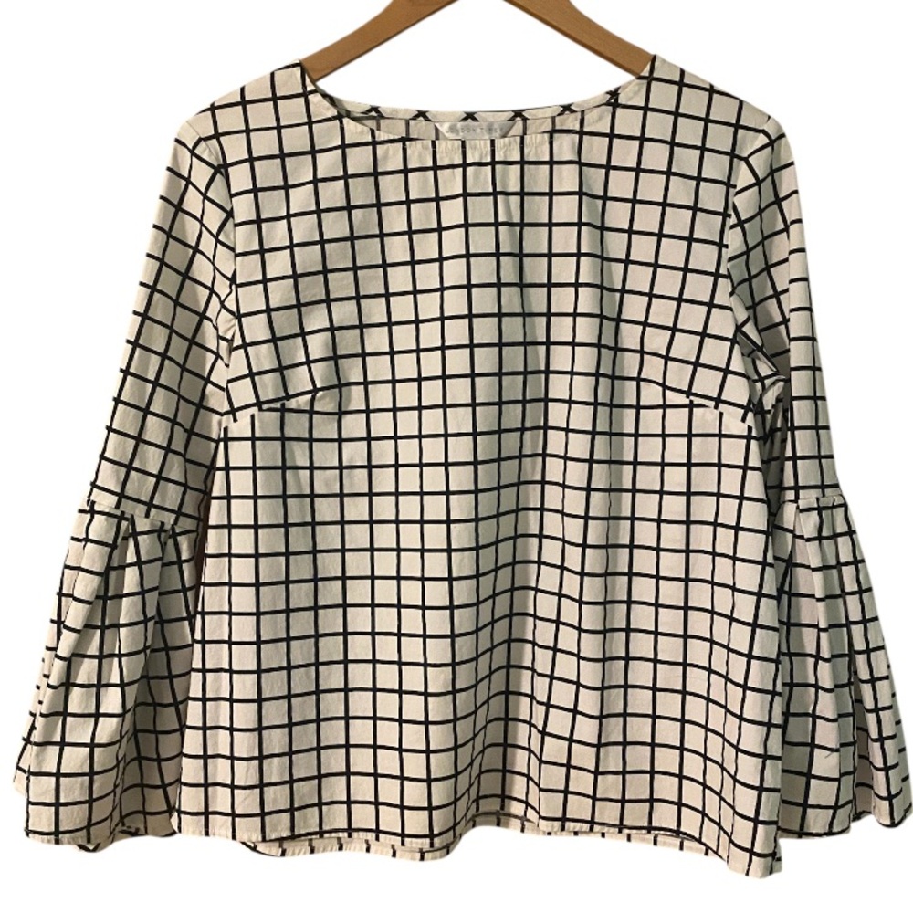 LONDON TIMES Shirt Blouse Top Size Medium Women Black White Print Bell Sleeve